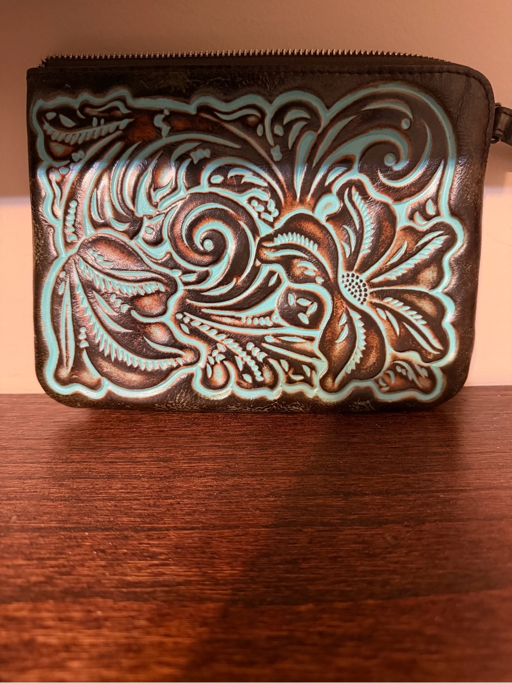 Patricia Nash Brown Leather Wristlet with Turquoise Floral Tooled Accent